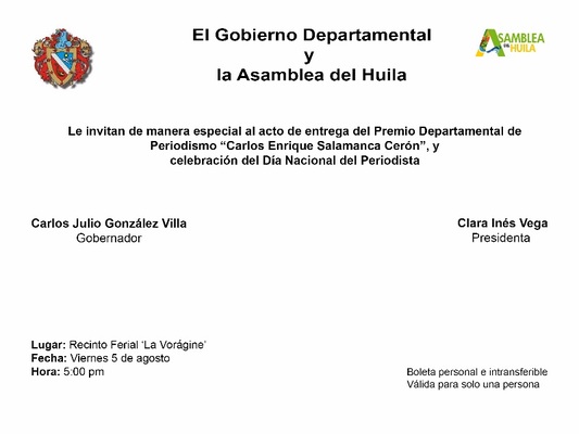¡Aquí está la tarjeta de invitación al Premio Departamental de Periodismo ‘Carlos Enrique Salamanca Cerón’!