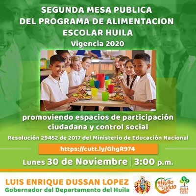 Gobernación del Huila convoca a segunda mesa pública del Programa de Alimentación Escolar
